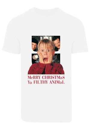 White T-shirt featuring a graphic with a shocked child surrounded by images of two men. Text reads, "Merry Christmas Ya Filthy Animal."