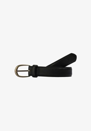 Ceinture en cuir noir avec une finition texturée, dotée d'une boucle en laiton rectangulaire et d'une extrémité effilée. Design simple et classique.