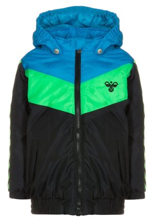 Veste zippée avec un design en blocs de couleur bleu, vert et noir. Comprend une capuche, des poches latérales et un logo d'abeille brodé.