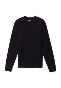 Schwarzer Strickpullover mit langen Ärmeln, Rundhalsausschnitt und gerippten Bündchen sowie Saum. Hergestellt aus weichem Stoff mit glatter Textur.