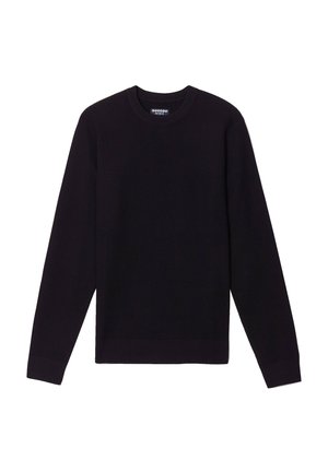 Czarny sweter dziany z długimi rękawami, okrągłym dekoltem oraz ściągaczami przy rękawach i u dołu. Wykonany z miękkiego materiału o gładkiej fakturze.