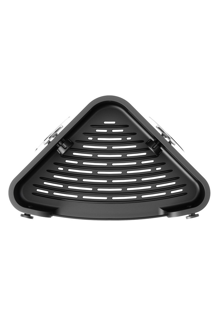 Mensola angolare in metallo nero dalla forma triangolare, dotata di fessure di ventilazione orizzontali e verticali e supporti di montaggio regolabili.