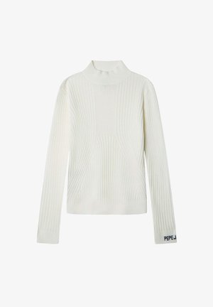 Weißer gerippter Rollkragenpullover mit langen Ärmeln, der ein strukturiertes Muster und ein Markenakzent am Bündchen aufweist. Aus weichem Strickmaterial.