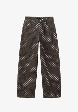 Czarne spodnie z wysokim stanem w białe kropki, zapinane z przodu na guziki i zamek błyskawiczny, z pięcioma kieszeniami.