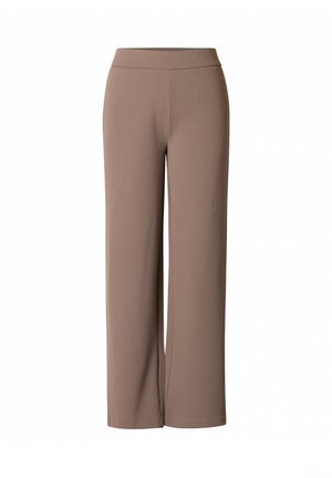 High-waist wijde broek in gedempt taupe met een glad voorpand zonder zichtbare sluitingen of zakken, weergegeven tegen een witte achtergrond.