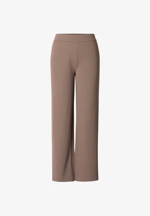 High-waist wide-leg pants in muted taupe with a smooth front and no visible closures or pockets, displayed against a white background.