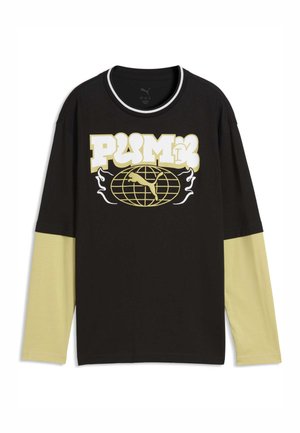 Chemise noire à manches longues avec manches inférieures beige, logo Puma blanc et beige, motif globe et bordure blanche ronde au col.