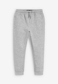 Pantalons de jogger gris clair en mélange de coton doux, avec une taille élastique, un cordon de serrage et des ourlets resserrés, dotés de poches latérales.