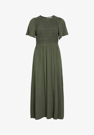 Olivzaļas krāsas midi kleita ar īsām plūstošām piedurknēm, savelkamu augšdaļu, apaļu kakla izgriezumu un plūstošu svārku.