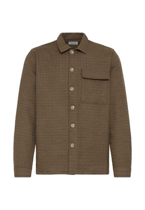 Braunes, strukturiertes Hemdjackett mit langen Ärmeln, einem Kragen und einer einzelnen Patten-Brusttasche auf der linken Seite.