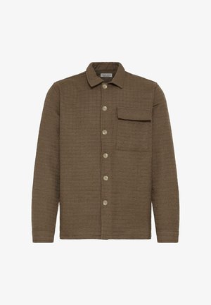 Braunes, strukturiertes Hemdjackett mit langen Ärmeln, einem Kragen und einer einzelnen Patten-Brusttasche auf der linken Seite.