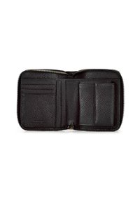 Zwarte leren portemonnee met een gestructureerde afwerking, voorzien van meerdere kaartsleeves en een ritsluiting. Compact ontwerp met subtiele hardware details.