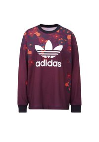 Felpa a maniche lunghe di colore viola intenso con un motivo floreale in rosso e arancione, caratterizzata da un logo Adidas bianco sul petto.