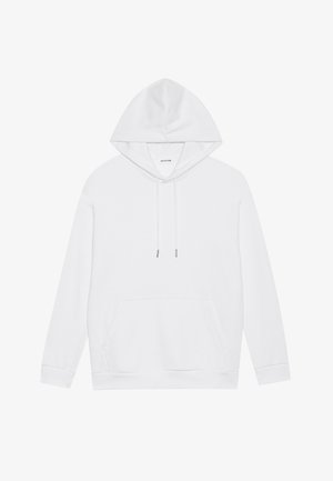 Balts kokvilnas kapuce ar auklu, kanguru kabatu, ribotiem piedurkņu galiem un apakšmalu. Vienkāršs dizains, mīksta tekstūra, tīrs un minimālistisks izskats.