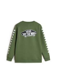 Felpa verde con maniche lunghe, caratterizzata da un grande logo bianco e nero "VANS 'OFF THE WALL'" sulla schiena e dettagli bianchi sulle maniche.