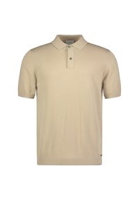 Polo shirt beige a maniche corte realizzato in tessuto testurizzato, con patta a due bottoni e orlo a coste. Design semplice e classico.