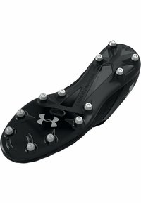 Zwarte atletische schoenzool met een glad oppervlak, voorzien van een gestructureerd design, zilveren noppen voor grip en een Under Armour logo-detail.