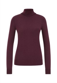 Burgunderfarbener Rollkragenpullover mit langen Ärmeln, aus weichem Strickmaterial. Mit gerippten Bündchen und Saum für eine figurbetonte Passform.