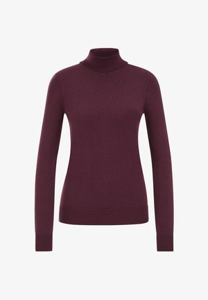 Bordový rolák s dlhými rukávmi, vyrobený z mäkkej pleteniny. Má rebrované manžety a spodný lem pre tesný strih.