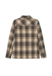 Beige és barna kockás ingdzseki, hosszú ujjú, flanel anyagból, gombos csuklók, háti yoke részlet, négyzet alakú alján.