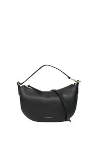 Borsa crossbody in pelle nera con una forma curva, hardware dorato e chiusura con zip superiore. Presenta un manico corto e una tracolla removibile.