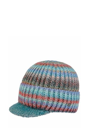 Multicolored knitted cap with a short brim, featuring horizontal stripes in shades of blue, pink, purple, and beige.