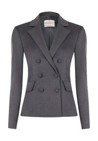 Blazer grigio doppiopetto in tessuto strutturato con rever a incavo, due tasche frontali e sei bottoni rivestiti.