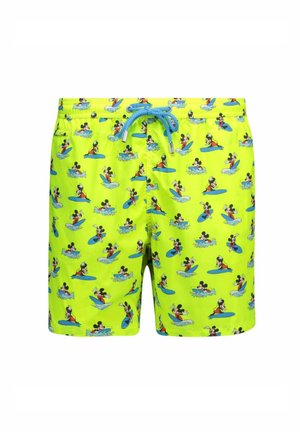 Heldergroene zwembroek met een herhalend patroon van cartoonfiguren die surfen op blauwe boards met wateraccenten; elastische trekkoord taille.