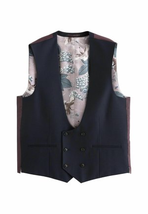 Námornícky vestový kabát s hlbokým V-výstrihom a dvojradovým zapínaním, ktorý má vo vnútri kvetinový vzor v jemných pastelových farbách a štruktúrovanú tkaninu.