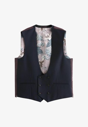 Námornícky vestový kabát s hlbokým V-výstrihom a dvojradovým zapínaním, ktorý má vo vnútri kvetinový vzor v jemných pastelových farbách a štruktúrovanú tkaninu.