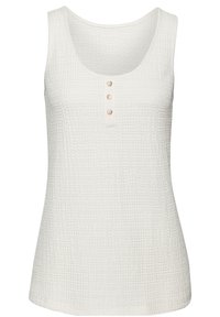 Witte, mouwloze tanktop van een gestructureerde stof. Heeft een ronde halslijn en drie knopen aan de voorkant. Eenvoudig en getailleerd ontwerp.