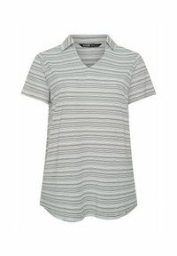 Randig kortärmad polo skjorta i svart och vitt, med v-ringning och rak fåll, tillverkad av mjukt, lätt material.