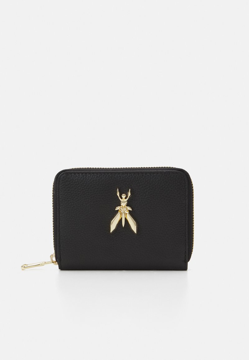 Black leather wallet featuring a gold insect emblem, zip closure, textured surface, and a slim rectangular shape.