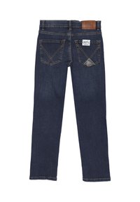 Jeans in denim blu scuro con taglio dritto, presentano due tasche posteriori con cuciture a contrasto e un'etichetta in pelle in vita.