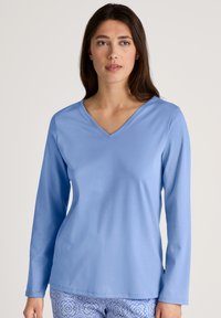Lange mouw, V-hals top in lichtblauw, gemaakt van een soepel materiaal. Kenmerkt zich door een ontspannen pasvorm en een minimalistisch ontwerp.