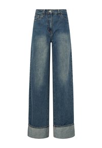 Brede denim jeans in medium blue met een vervaagde wassing. Kenmerkt zich door het klassieke vijf-pocket ontwerp en opgerolde zoom. Duurzame, mediumgewicht stof.