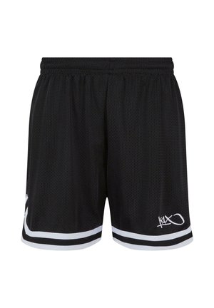 Black mesh basketball shorts with an elastic waistband, white accents on the hem, and a small logo on the lower right side.