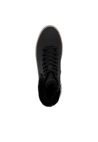 Botte ankle noire avec dessus texturé, fermeture à lacets, doublure en fourrure intérieure, et semelle en caoutchouc comportant un motif de semelle prononcé.
