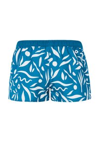 Mėlynos maudymosi šortai su balta abstrakčia lapo ir apskritimo raštų. Yra elastinga juosmens juosta ir glotni audinio tekstūra.