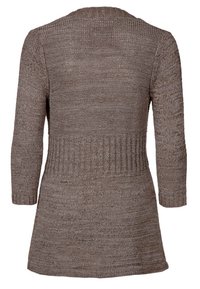 Brunstickad tröja med en texturerad yta, medellång stil, ribbad midja och trekvartsärmar.