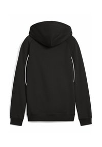 Sudadera con capucha negra de textura suave, que presenta acentos laterales en blanco en contraste, puños acanalados y un diseño de corte holgado.