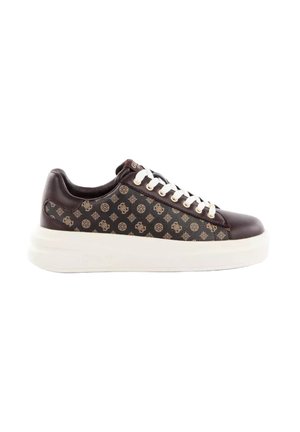 Brown low-top sneaker with white laces, patterned sides featuring logos, and thick white sole.