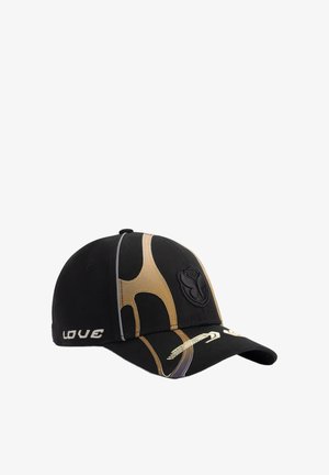 Black baseball cap with gold and silver abstract stripes, an embroidered emblem on front, and the word "LOVE" stitched on the side.