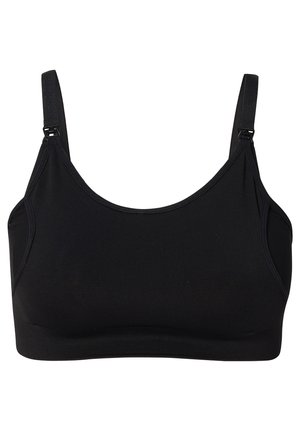 Zwarte sportbeha met brede bandjes, verstelbare sluitingen en een gladde, rekbare stof, met een naadloos ontwerp en zonder beugel.