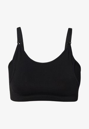 Soutien-gorge de sport noir avec des bretelles larges, des attaches réglables et un tissu lisse et extensible, présentant un design sans couture et sans armatures.