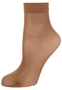 Calzino alla caviglia marrone con una texture liscia e morbida e un polsino a coste. Il design presenta una forma aderente, enfatizzando comfort e durata.