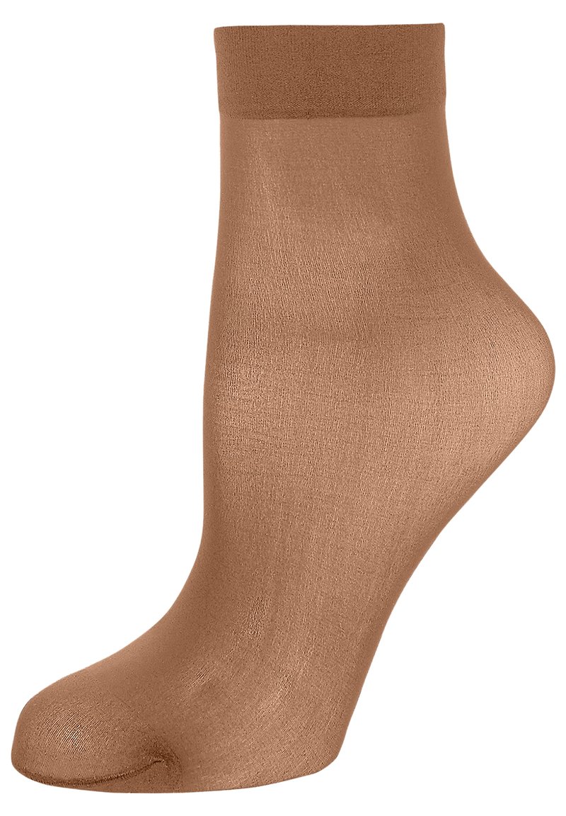 Calzino alla caviglia marrone con una texture liscia e morbida e un polsino a coste. Il design presenta una forma aderente, enfatizzando comfort e durata.