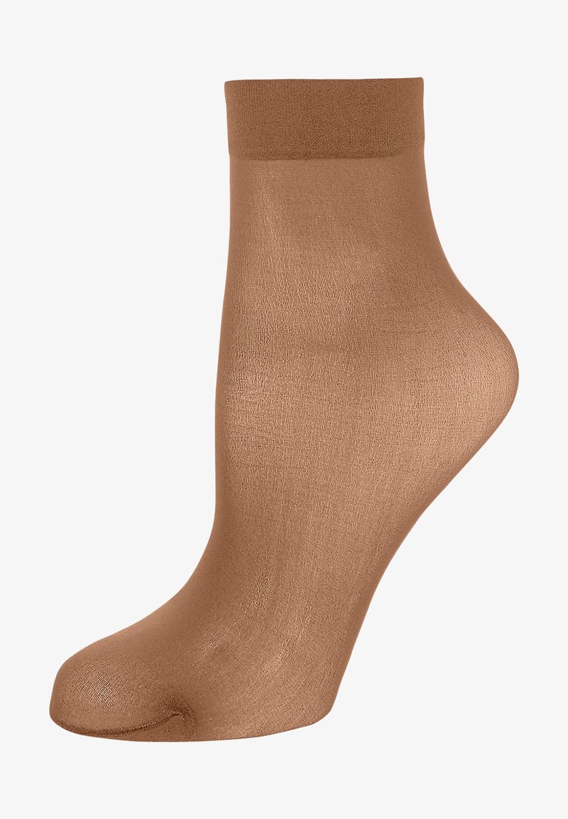 Calzino alla caviglia marrone con una texture liscia e morbida e un polsino a coste. Il design presenta una forma aderente, enfatizzando comfort e durata.