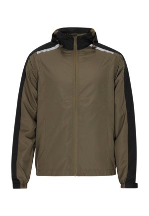 Olive green zip-up jacket with black sleeves and reflective accents, featuring a hood and elastic cuffs for a snug fit. Lightweight material.