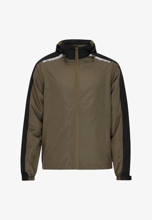 Olíva zöld cipzáras dzseki fekete ujjal és fényvisszaverő részletekkel, kapucnival és rugalmas mandzsettákkal a kényelmes illeszkedésért. Könnyű anyagból készült.